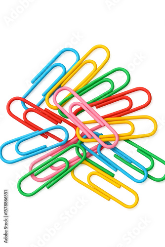 Colorful paperclips forming a messy pile on transparent background