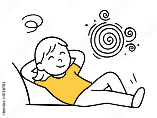 Woman Reclining Relaxed Pose and Spiral Thought in Yellow T-shirt. Woman Lying Back, Happy Expression Hand-Drawn Line Doodle Style Vector Illustration