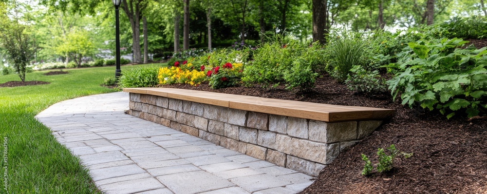 Fototapeta premium Stone retaining wall with seating area and landscaping