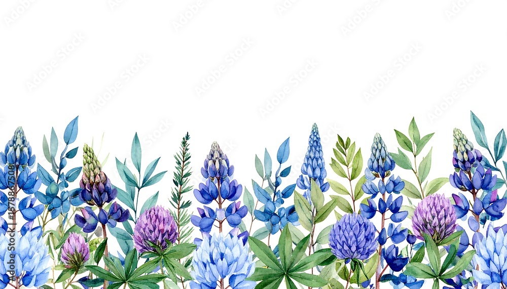 Fototapeta premium Watercolor floral border with lupines, clover, and greenery