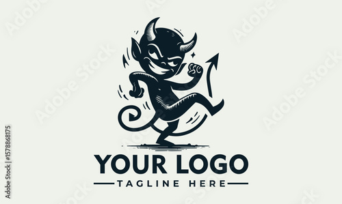 Mischievous cartoon devil logo design, dancing with a playful, energetic pose, ready for branding.