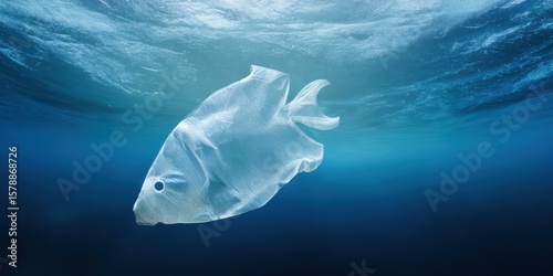 Plastic bag floating in the ocean shaped like a fish surrounded by marine debris and pollution concept of environmental damage ocean plastic waste ecological awareness for conservation design
