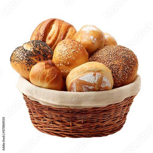 Fresh baked bread rolls in a basket bakery assortment of artisan breads and buns for sale or display