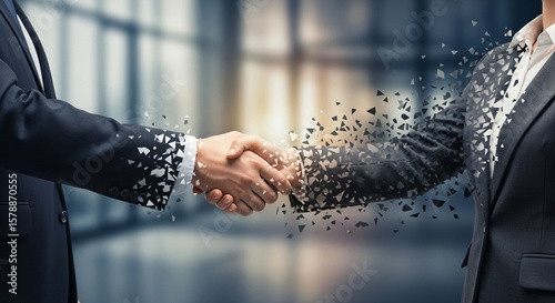 Wallpaper Mural Handshake Between Two Businesspeople Dissolving Into Visual Metaphor, One Side Fading or Fracturing Away Torontodigital.ca