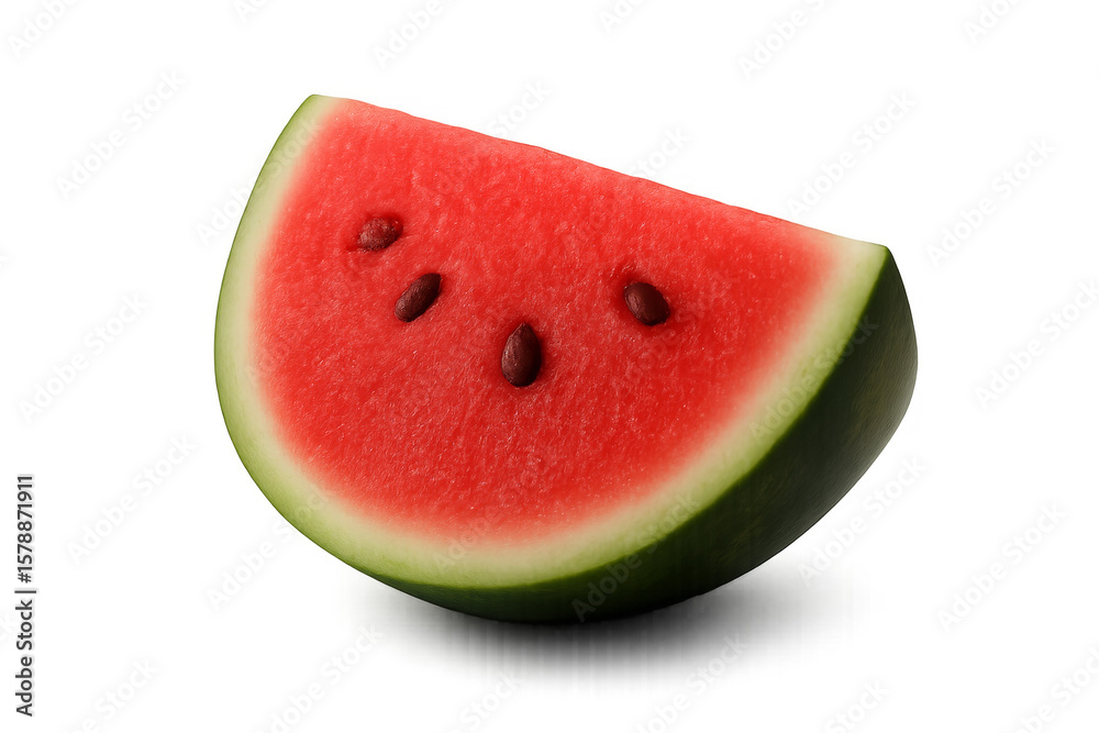 Slice of refreshing watermelon showing seeds on transparent background Slice of refreshing watermelon showing seeds on transparent background