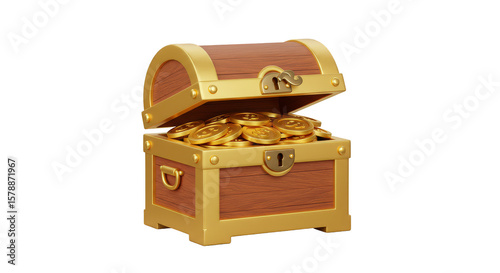 3d Render Golden Coins Overflowing from a Wooden Treasure Chest