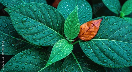 Close up of wet green leaves with one orange leaf water droplets