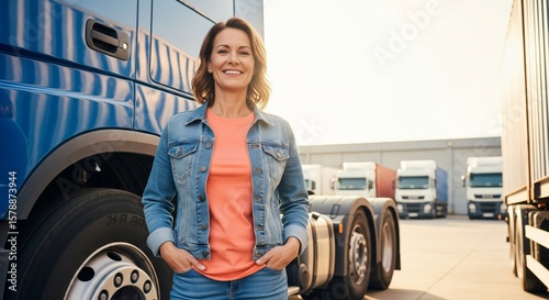 Confident young caucasian female truck driver smiling at fleet of trucks