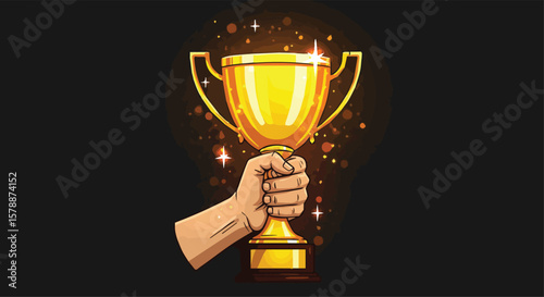 Hand Holding Golden Trophy Cup with Sparkling Effects on Dark Background
