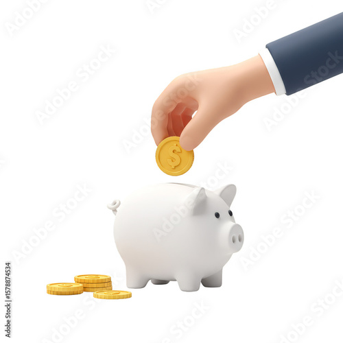 3D Render of Hand Placing Coin into Piggy Bank on Transparent Backdrop