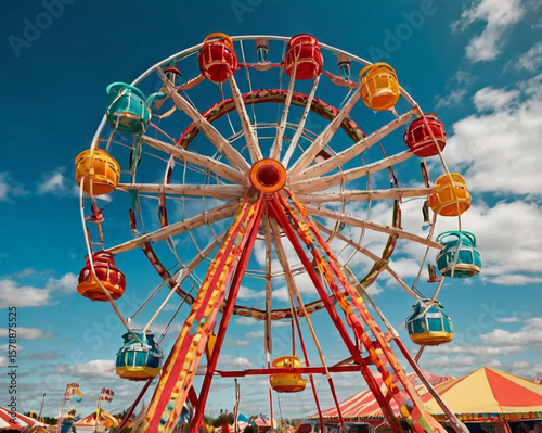 Colorful Ferris wheel against a bright blue sky amusement park carnival