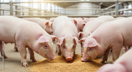 Group of young pigs feeding on pellets in barn with sunlight