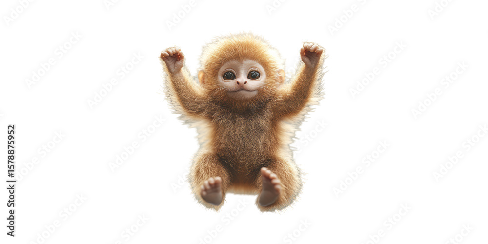 Fototapeta premium Cute Baby Monkey With Raised Arms. Adorable Animal Expression And Playful Pose Isolated On Transparent Background