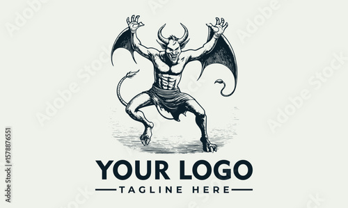 Engraved-style devil with horns, wings, tail, and muscular build, posed with raised arms.