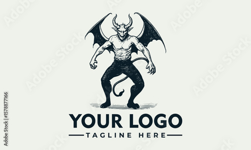 Muscular demonic figure with wings, logo design, strong posture, dark ink style.