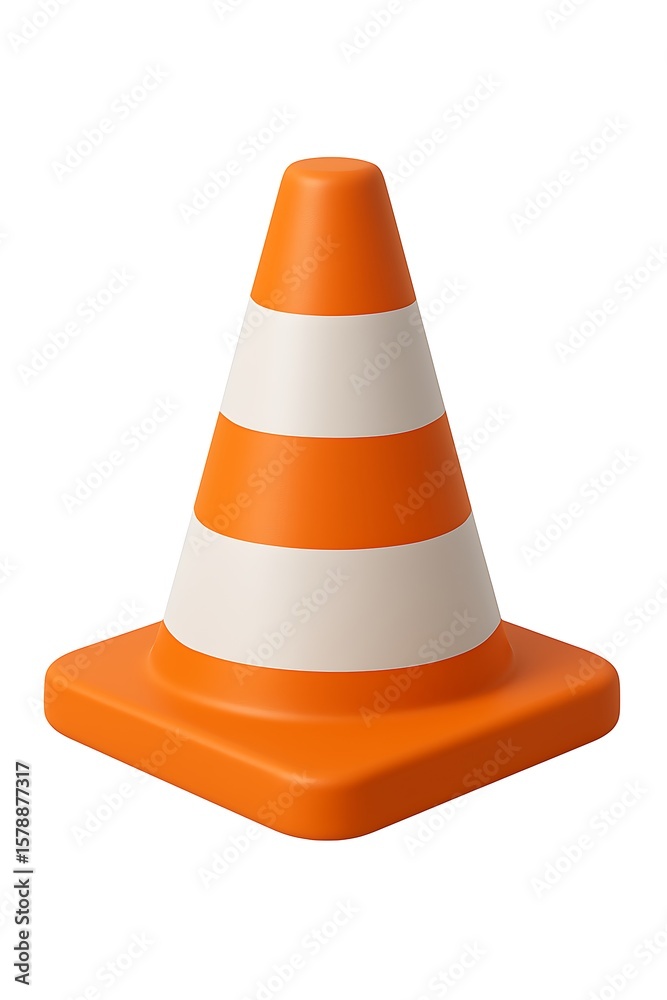 3D render of bright orange traffic cone with square base and three white reflective stripes on isolated white background 3D render of bright orange traffic cone with square base and three white reflective stripes on isolated white background