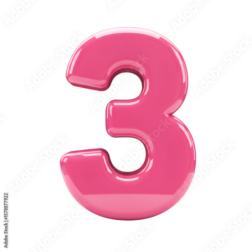 3d Rendering Glossy Pink Number Three Isolated on Transparent Background