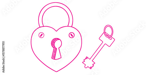 Pink key and padlock line art