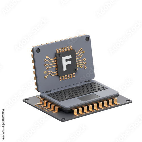 3D Render of Laptop with Microchip Technology and Transparent Background