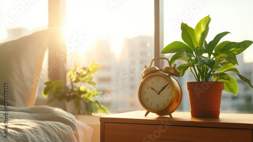 Sunrise in bedroom alarm clock plant and sunlight