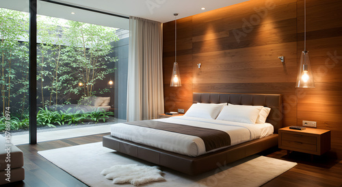 Luxurious modern bedroom with a large window overlooking a serene private garden courtyard