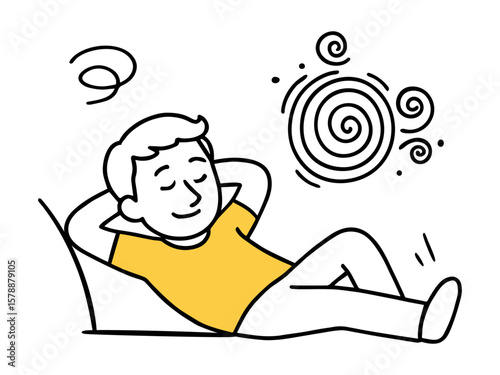 Man Reclining Relaxed Pose and Spiral Thought in Yellow T-shirt. Man Lying Back, Happy Expression Hand-Drawn Line Doodle Style Vector Illustration