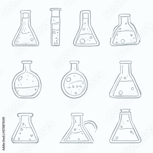 Illustration of nine different laboratory flasks and test tubes, each containing a liquid substance.