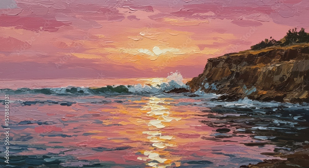 Obraz premium Impressionistic oil painting of a vibrant sunset over a rocky coastline with crashing waves