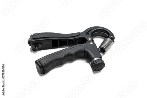Adjustable hand grip with spring. Adjustable hand grip with textured handles and metal spring. Ideal for strengthening hand and forearm muscles.