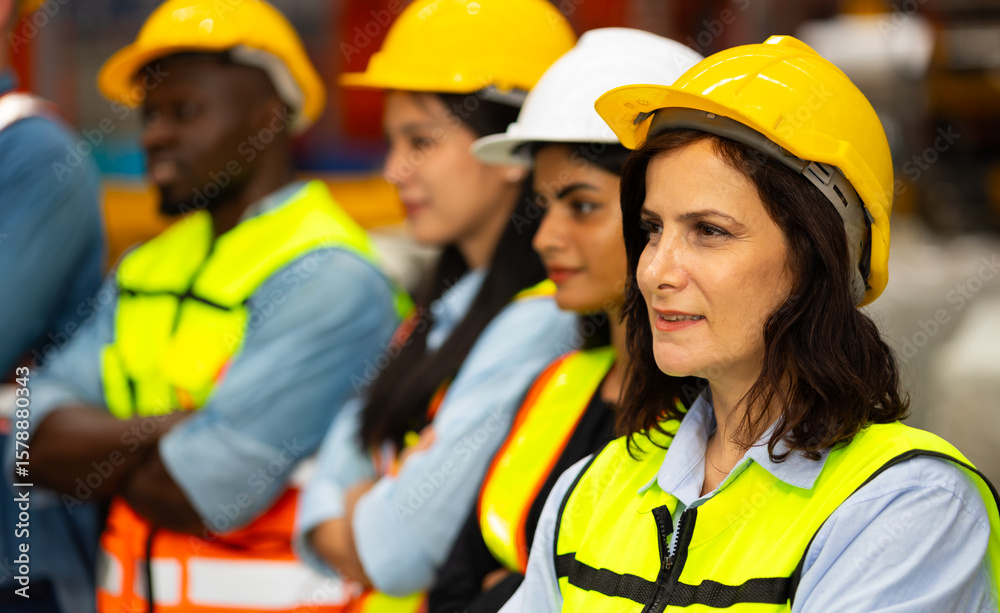 Obraz premium arm crossed Unity and teamwork. Engineering and civil factory team standing. Portrait engineer factory manager worker and mechanic team together at metal sheet profiling factory. Industrial production