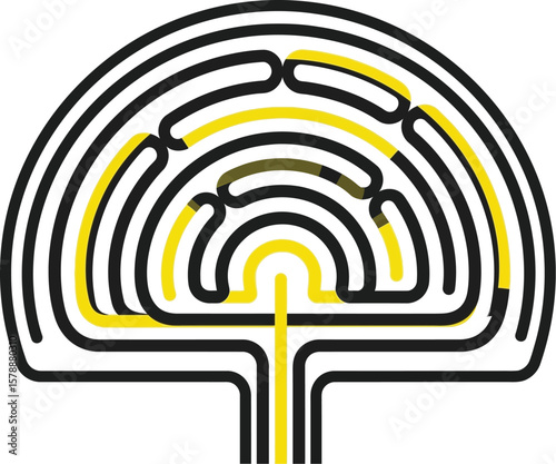 A maze with black and yellow lines on a white background graphic art