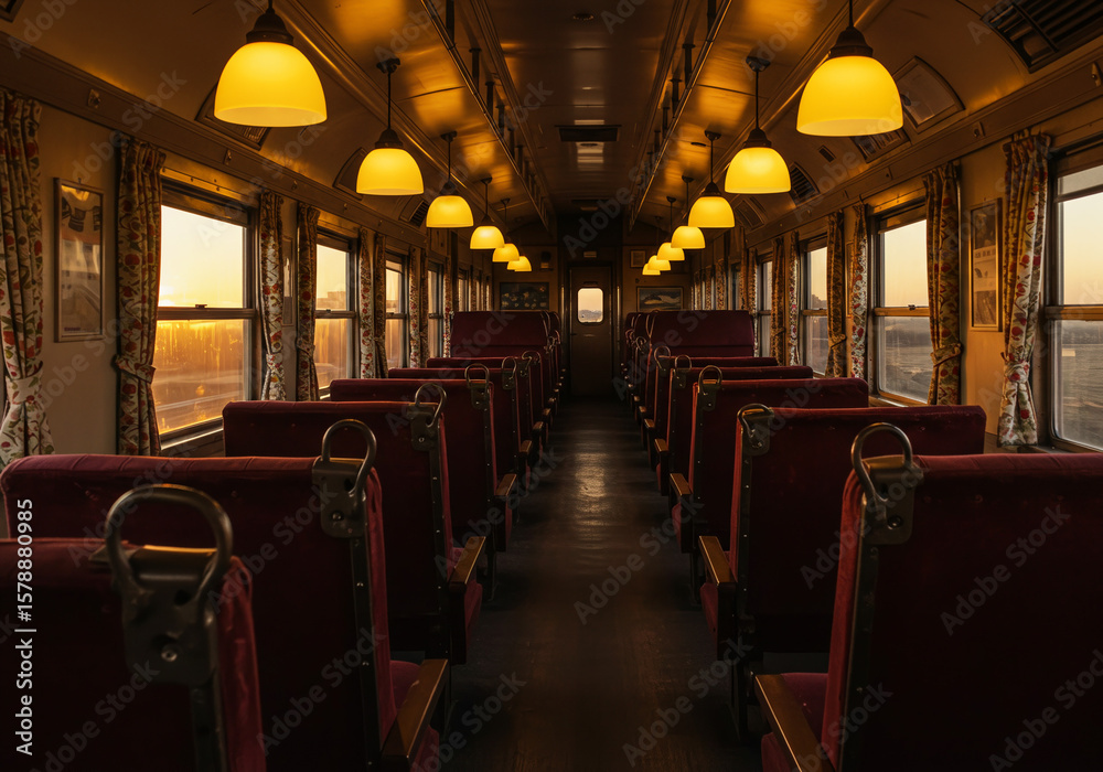 Obraz premium The interior of an old train car with red velvet seats and warm yellow lights, featuring a classic and tranquil travel atmosphere at dusk