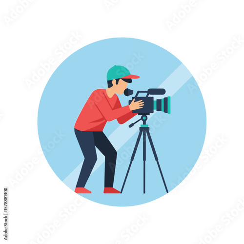 A person filming with a video camera mounted on a tripod.