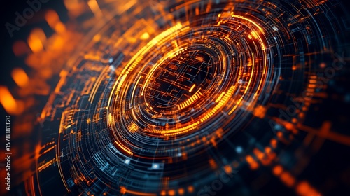 Abstract technology background with glowing digital circuit pattern design, circular lines and dynamic perspective, tech theme