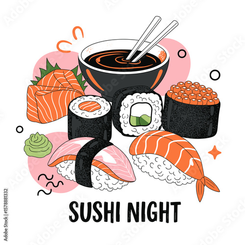 Sushi t shirt artwork. Sushi love club artwork for t shirt print, poster, sticker and other uses. Time for sushi. Sushi dinner