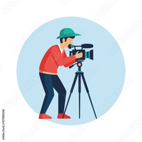 An illustration of a cameraman filming with a professional video camera on a tripod.