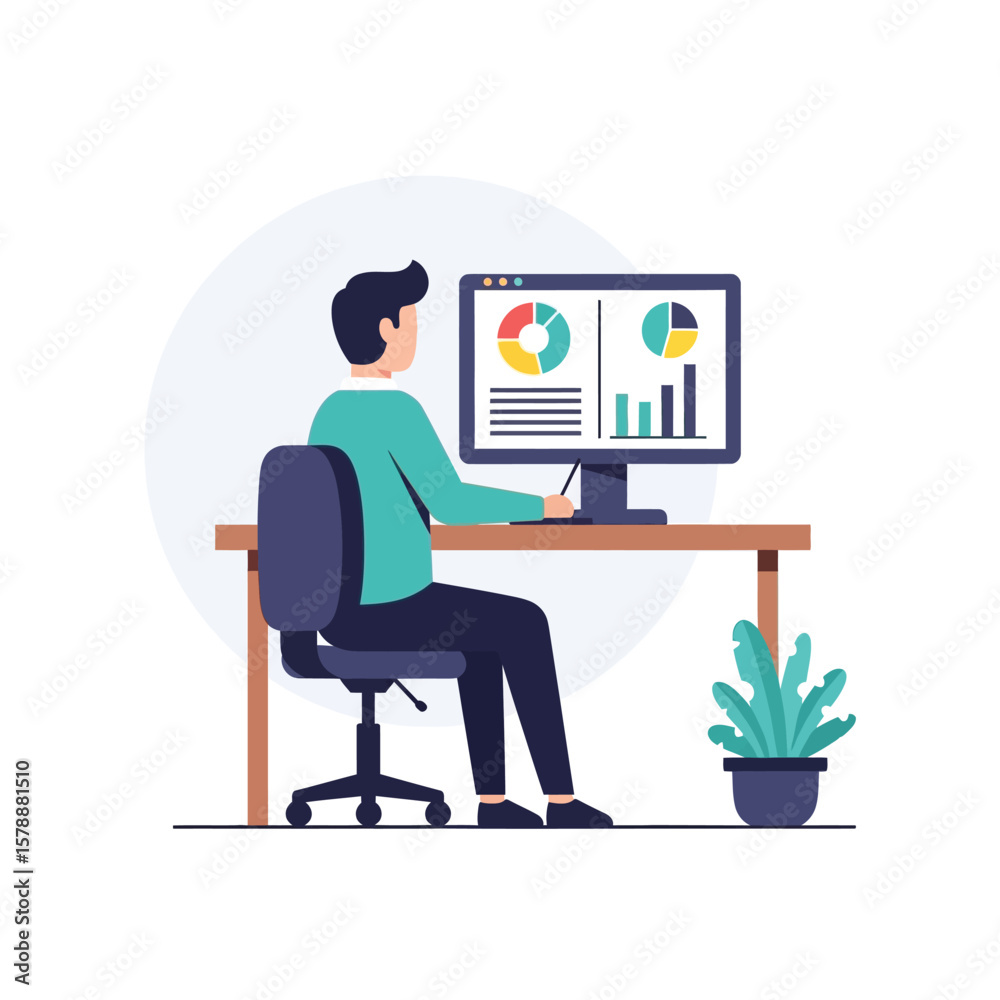 Man sitting at a desk, working on a computer with charts and graphs displayed on the screen. Man sitting at a desk, working on a computer with charts and graphs displayed on the screen.