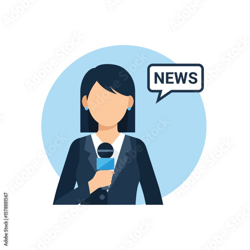 A stylized illustration of a female news reporter holding a microphone, with a speech bubble displaying the word "NEWS".