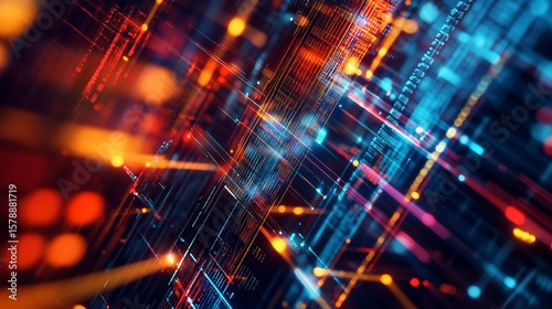 Abstract digital background with glowing lines and data points in vibrant colors like orange and blue