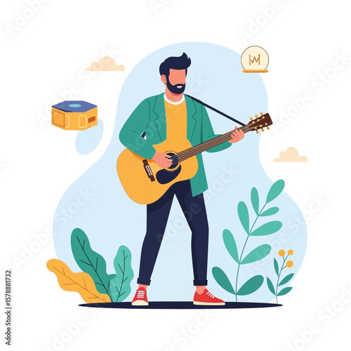 A man playing an acoustic guitar, surrounded by abstract elements.