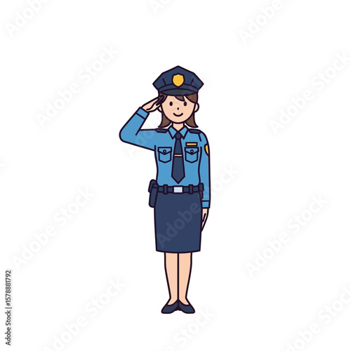 A female police officer salutes, wearing a uniform, standing at attention.