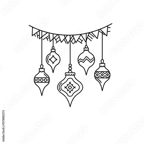 Hanging christmas ornaments and garland isolated on white background