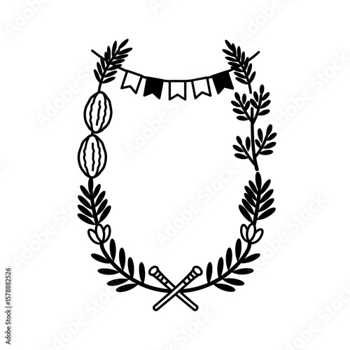 A decorative wreath with flags and sticks isolated on white background