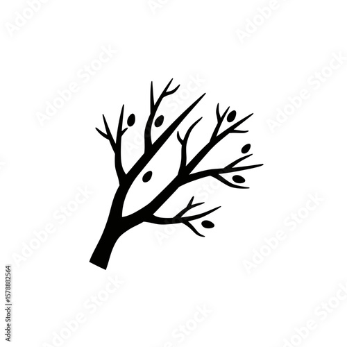 Bare tree branch silhouette isolated on white background