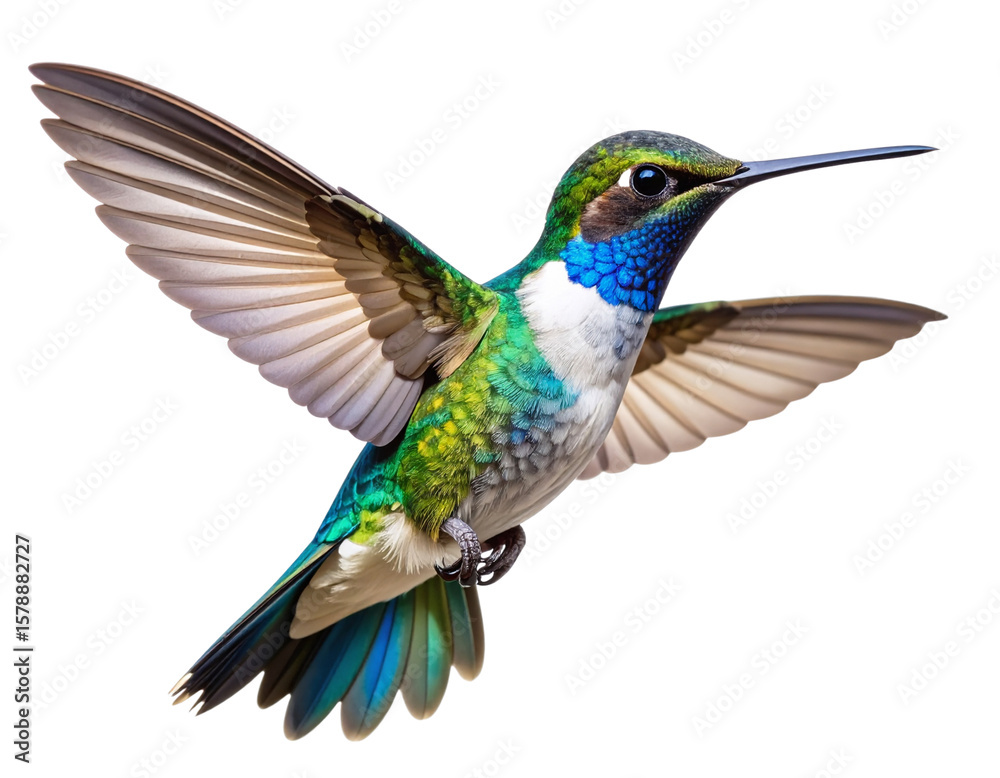 Obraz premium Flying Hummingbird with Vibrant Iridescent Colors, mid-flight pose, transparent PNG.