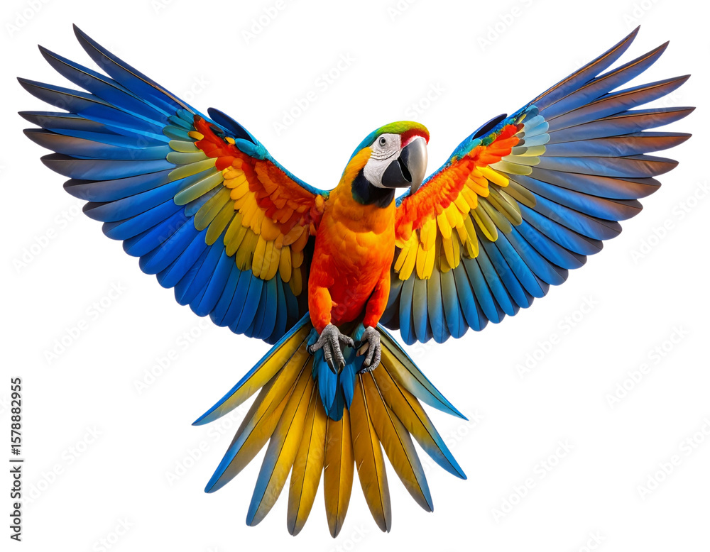 Fototapeta premium Colorful Tropical Parrot Sitting with Spread Wings, detailed feathers, isolated PNG.