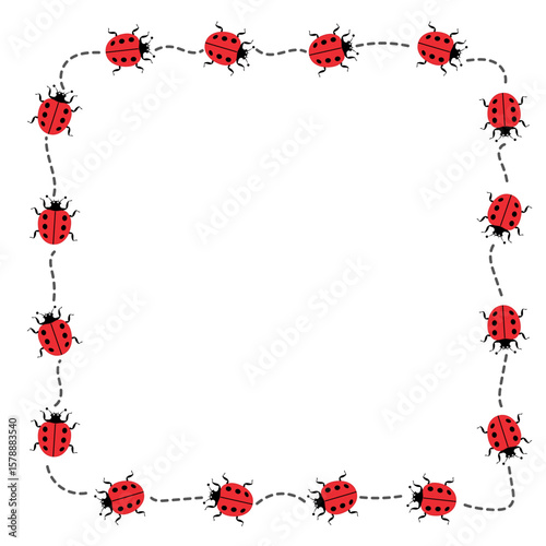Ladybug Border with Dotted Path. Insect Frame Vector Illustration. A whimsical square frame made up of adorable red ladybugs marching along a dotted, curving path.