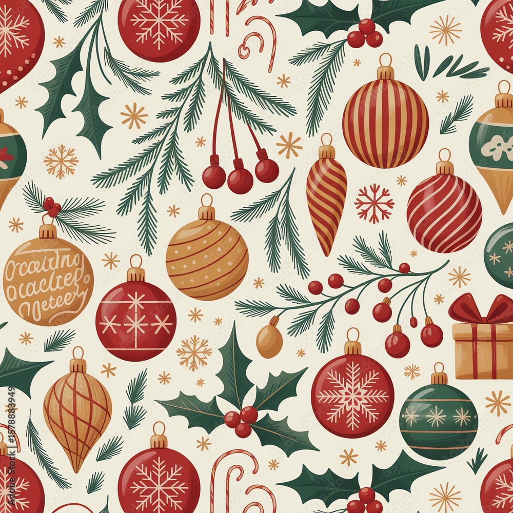 Festive holiday pattern featuring ornaments, leaves, and berries, perfect for Christmas-themed designs and decorations. Festive holiday pattern featuring ornaments, leaves, and berries, perfect for Christmas-themed designs and decorations.