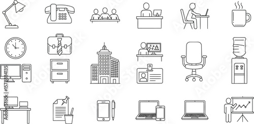 Outline icons depicting various office supplies and workplace elements