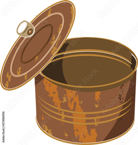Old rusty open tin can with pull tab lid, vector illustration.
